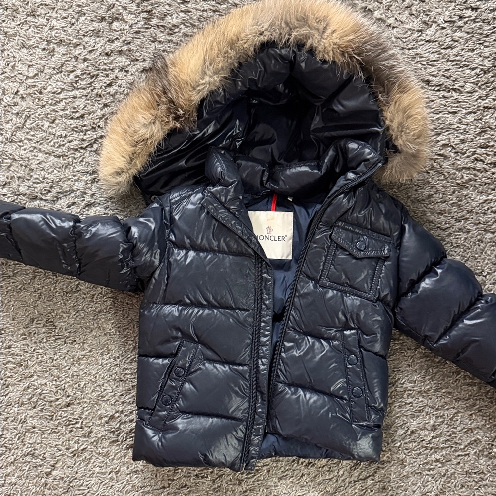 Moncler Shiny Black Jacket with Fur Trim